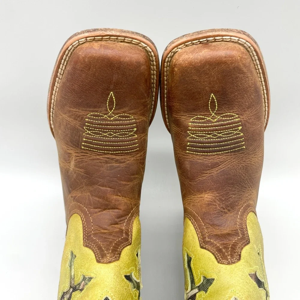 Ariat Kids Size 2 Brown Leather Lime Green Suede Camo Cross Western Boots